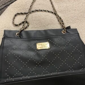 bebe Black Quilted Studded Shoulder Bag with Gold Plaque